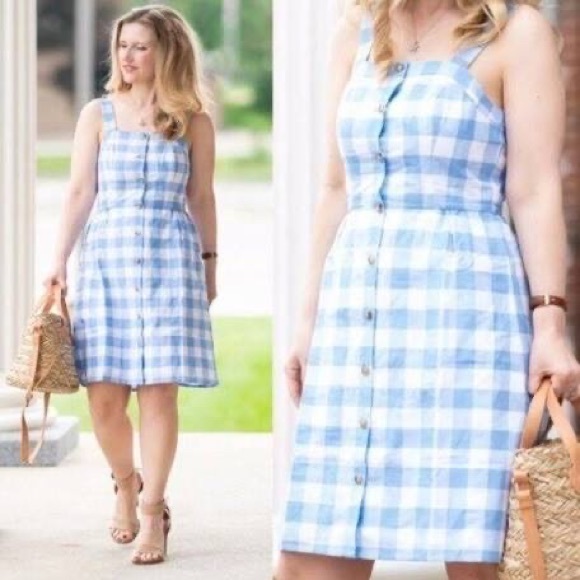 Gingham blue JCrew button dress - Picture 2 of 5